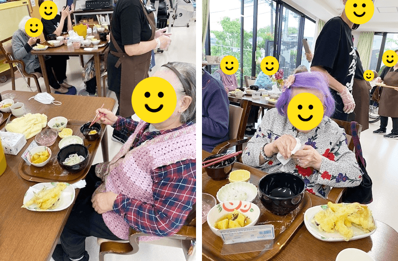 揚げたての天ぷらを楽しむご利用者さま