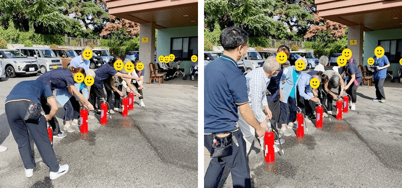 消防の方から消火器の使い方指導をうけるご利用者さまと職員