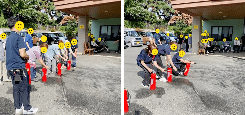 消火器を使う訓練を受けるご利用者さまや職員