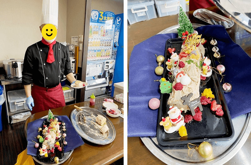 ブッシュドノエルと厨房スタッフ